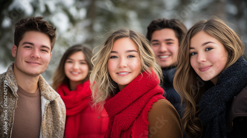 Group of Friends Walking on Winter Forest Trail