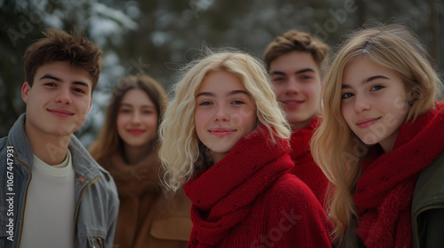 Group of Friends Walking on Winter Forest Trail