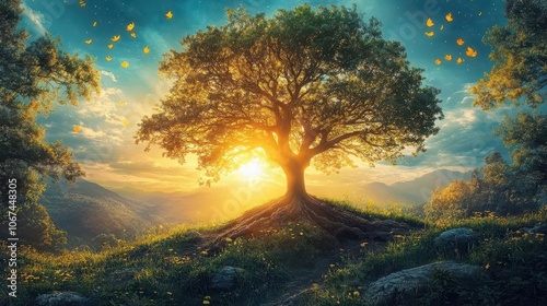 vibrant earth illustration celebrating arbor day featuring lush green trees and diverse flora swaying under a bright blue sky the sun casts warm golden rays symbolizing growth and life