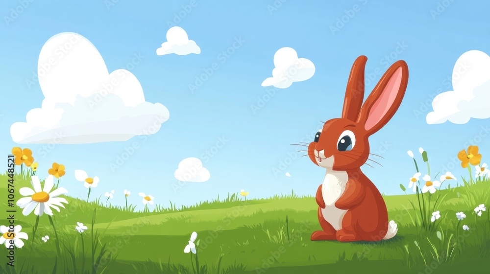 Fototapeta premium Cute Cartoon Rabbit in a Bright Meadow Scene