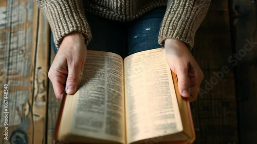 Cozy reading moment: woman in sweater relaxing with open book
