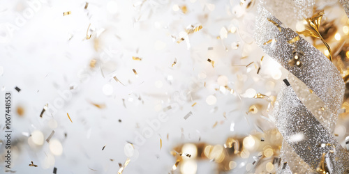 A white background with silver and gold New Year decor elements. Happy New Year design