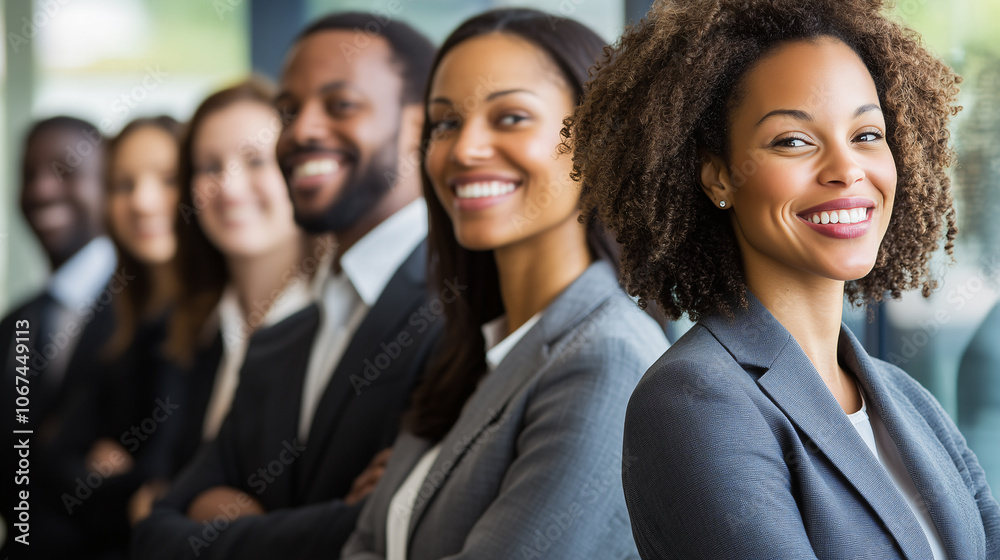 A group of diverse business professionals standing in a line, smiling at the camera A group of diverse business professionals standing in a line, smiling at the camera