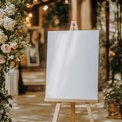 A blank white welcome sign mockup, size is 24 by 36 inches in portrait orientation, on an easel during a wedding party.