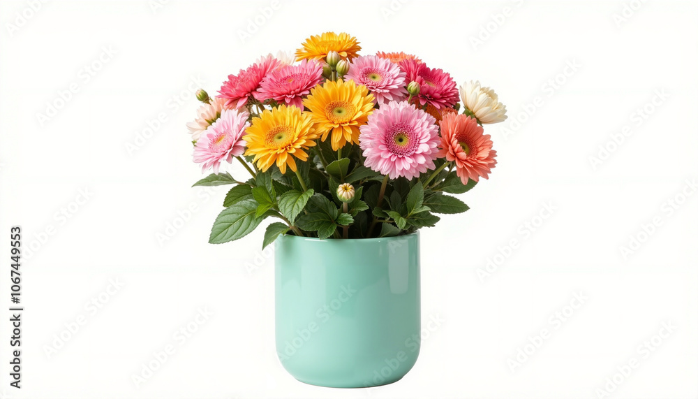 Isolated Mint Colored Pot with Flowers Isolated Mint Colored Pot with Flowers
