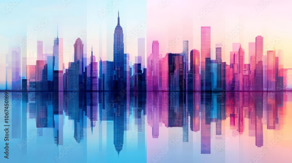 Vibrant city skyline at twilight, showcasing colorful reflections in water. An abstract view of urban architecture and light. Vibrant city skyline at twilight, showcasing colorful reflections in water. An abstract view of urban architecture and light.