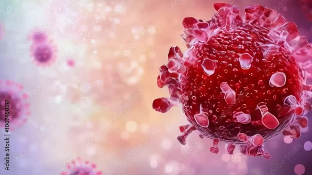 Coronavirus cells floating in a microscopic view showing spikes and nuclei Coronavirus cells floating in a microscopic view showing spikes and nuclei