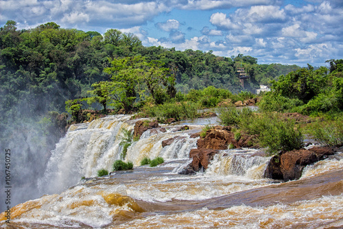 View of the force of the water at the edge of a waterfall at Iguazu Falls, Misiones, Argentina