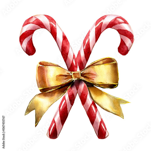 Two watercolor red and white Christmas candy canes with gold ribbon on white background