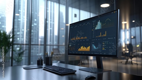 Modern office workspace featuring a computer displaying data analytics and graphs.