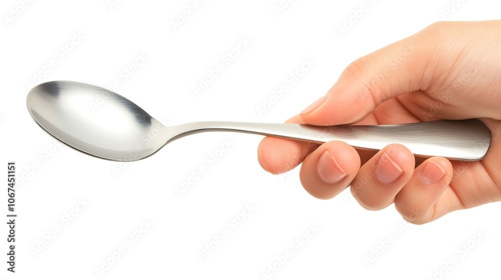Focus close up hand holding a silver metal spoon white background dish mockup Focus close up hand holding a silver metal spoon white background dish mockup