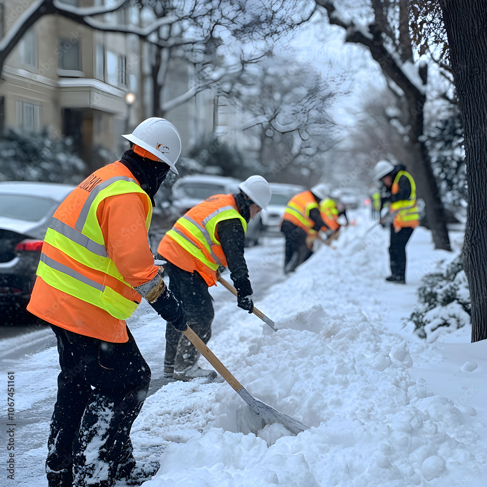 City workers in reflective vests shoveling snow during winter City workers in reflective vests shoveling snow during winter