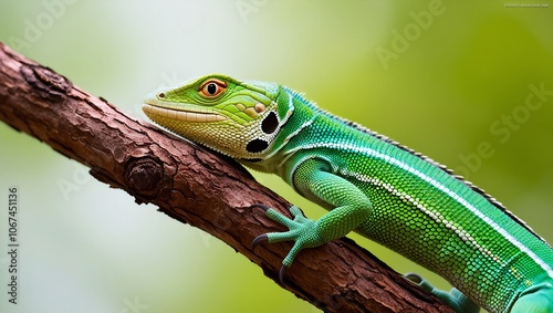 Close-Up Photograph of a Vibrant Green Basilisk Lizard on Tree Branch