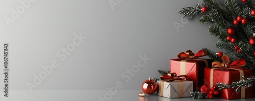 A festive arrangement of wrapped gifts beside a green pine branch adorned with red ornaments, evoking a holiday spirit. photo