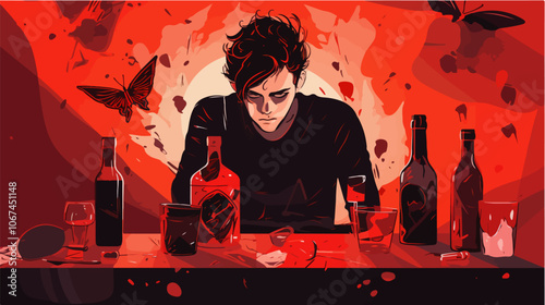 Illustration on the topic of alcoholism. Alcohol abuse. Bad habit.