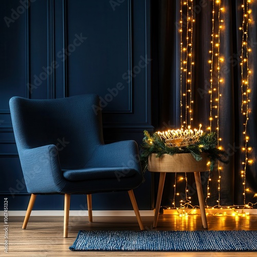 A cozy corner featuring a blue armchair, a decorative table with festive candles, and string lights against a dark wall backdrop. photo