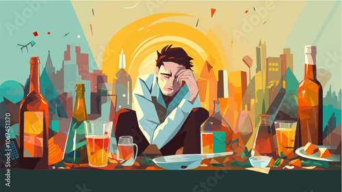 Illustration on the topic of alcoholism. Alcohol abuse. Bad habit.