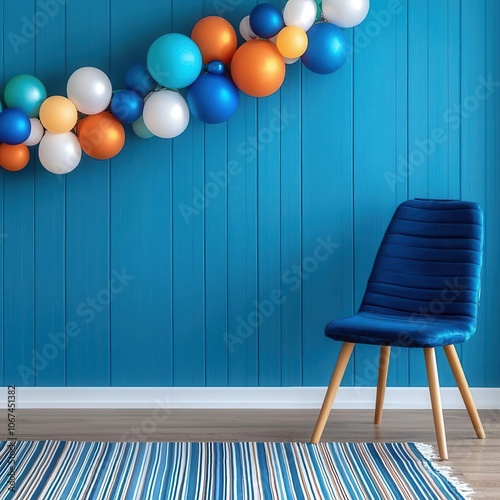 A vibrant room featuring a blue wall adorned with colorful balloons and a stylish chair, complemented by a striped rug. photo