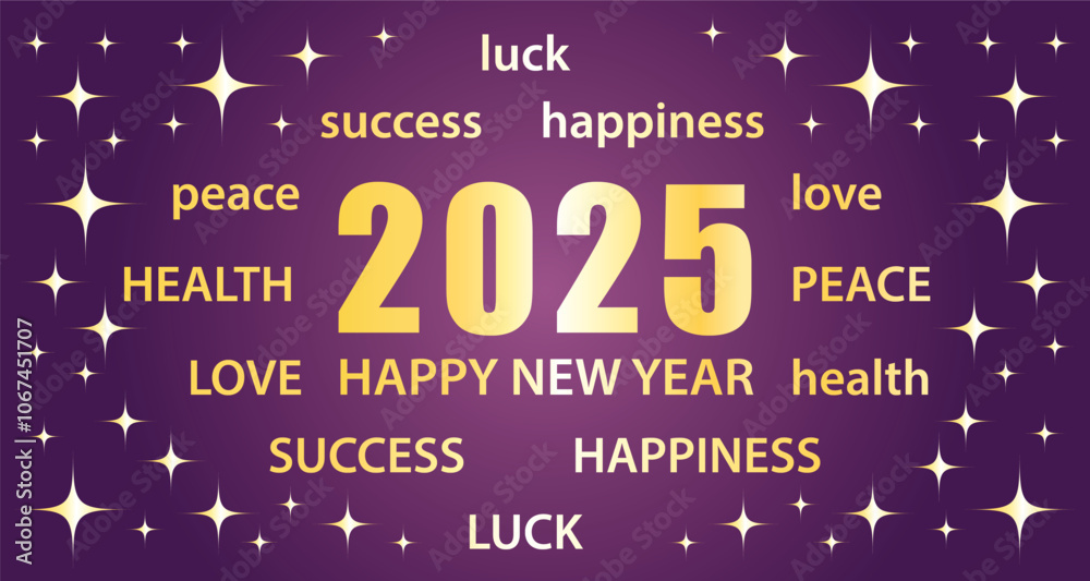2025 Happy New Year. Purple and gold greeting card with best wishes. Hand drawn vector illustration banner.
