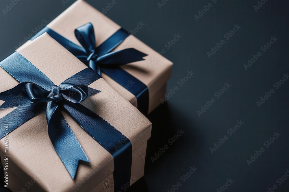 Two beautifully wrapped gifts with navy blue ribbons sit elegantly against a dark background, perfect for any special occasion. Two beautifully wrapped gifts with navy blue ribbons sit elegantly against a dark background, perfect for any special occasion.