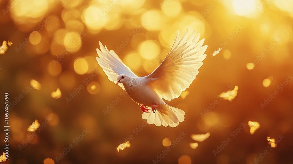 Majestic White Dove in Flight at Sunrise. AI generated illustration Majestic White Dove in Flight at Sunrise. AI generated illustration