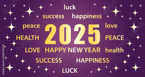 Obraz na płótnie 2025 Happy New Year. Purple and gold greeting card with best wishes. Hand drawn vector illustration banner. w salonie