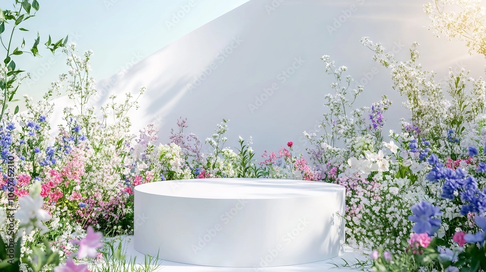 Summer Nature Scene with White Podium. AI generated illustration Summer Nature Scene with White Podium. AI generated illustration