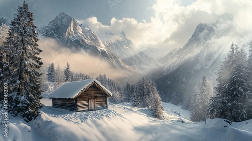 Serene winter landscape featuring an old wooden hut amidst snow-covered mountains and pine trees, illuminated by sunlight. AI generated illustration