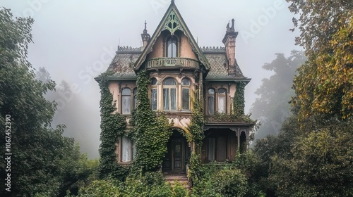 An old, abandoned Victorian house covered in vines in a foggy forest.