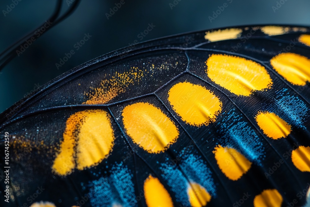 Naklejka premium Close-up macro photography of a butterfly wing pattern showcasing vibrant yellow and black colors with blue highlights. AI generated illustration