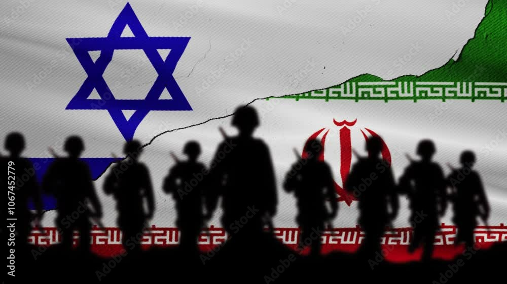 Silhouetted soldiers stand before torn flags of Israel and Iran, symbolizing tension, war, conflict, or geopolitical issues between the two nations.