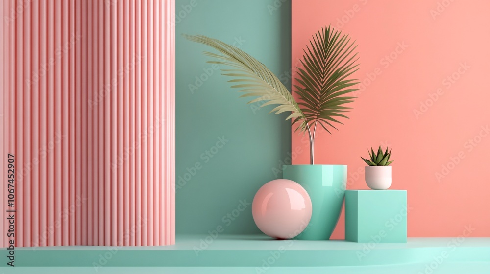 Pink and green minimalist scene showing plants, geometric shapes, and curtain Pink and green minimalist scene showing plants, geometric shapes, and curtain