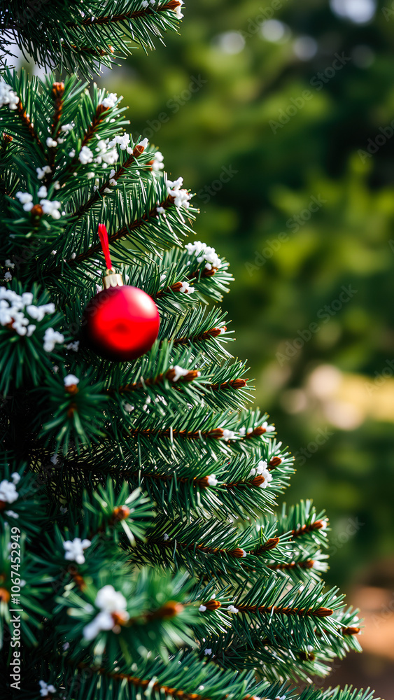 single red ornament on a green pine branch single red ornament on a green pine branch