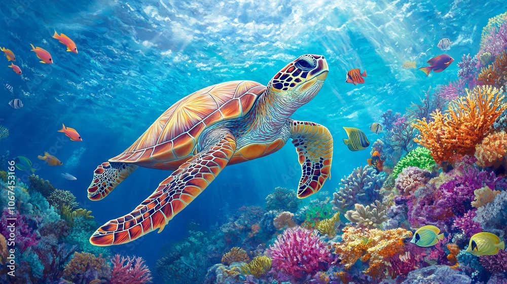 Colorful sea turtle gliding through a vibrant underwater scene filled with fish and coral reefs. AI generated illustration Colorful sea turtle gliding through a vibrant underwater scene filled with fish and coral reefs. AI generated illustration