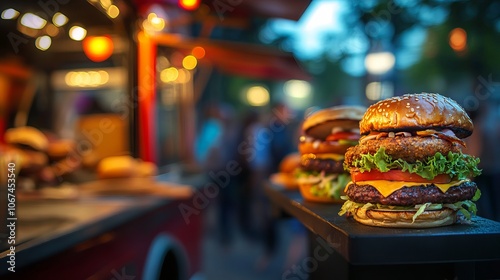 Vibrant food truck festival at night with delicious burgers on display, capturing the essence of street dining. AI generated illustration