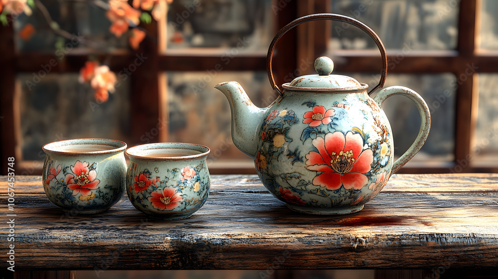 A traditional Chinese tea ceremony setting with delicate teapots and cups arranged on a wooden tea tray, evoking elegance and cultural heritage
A traditional Chinese tea ceremony setting with delicate teapots and cups arranged on a wooden tea tray, evoking elegance and cultural heritage