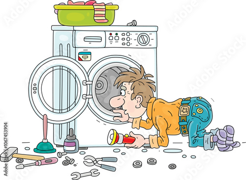 Funny unskillful repairman with his instruments trying to understand a reason for a breakdown of a washing machine, vector cartoon illustration on a white background