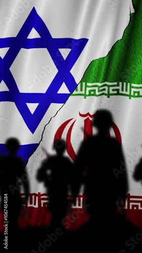 Silhouetted soldiers stand before torn flags of Israel and Iran, symbolizing tension, war, conflict, or geopolitical issues between the two nations.