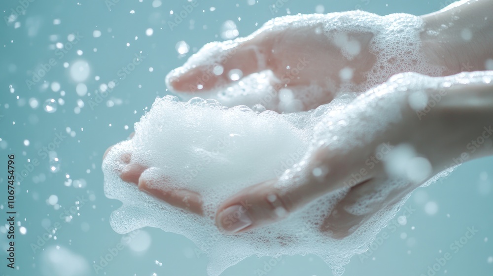 Fototapeta premium Close-up of hands holding soap bubbles against a soft blue background.
