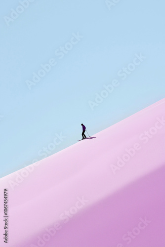 Skier on the top of mountain. Minimal concept. Pastel colors illustration. 