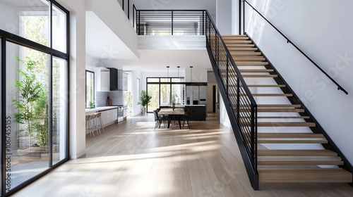 Modern open-concept home interior with staircase and large windows. AI generated illustration