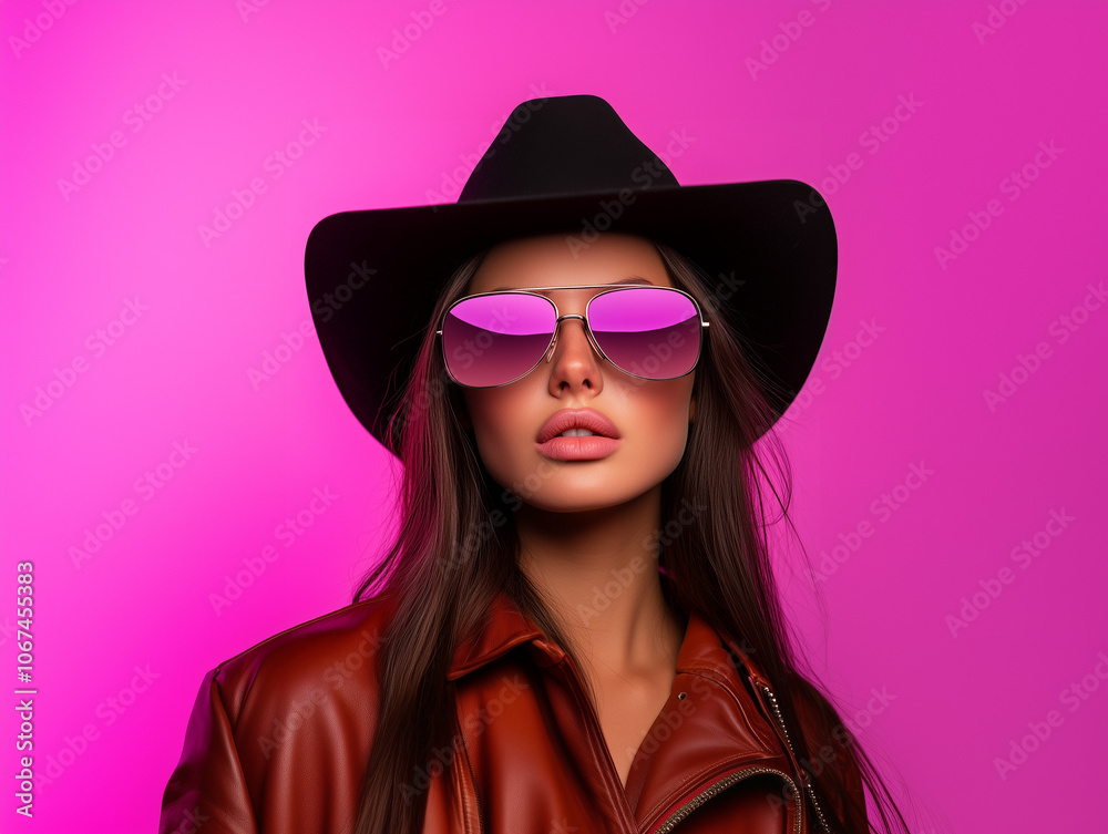 Stylish Woman in Cowboy Hat and Sunglasses Stylish Woman in Cowboy Hat and Sunglasses