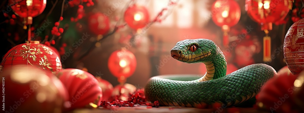 Chinese New Year Celebration: Green Snake with Lanterns and Red Decorations. AI generated illustration Chinese New Year Celebration: Green Snake with Lanterns and Red Decorations. AI generated illustration