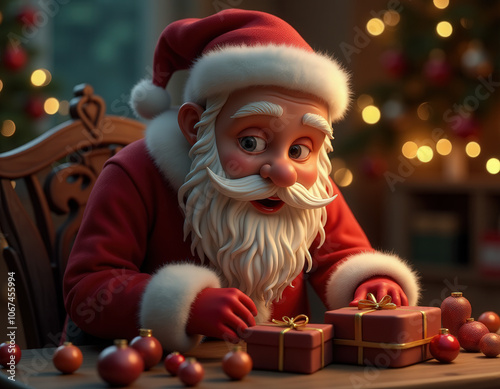 This image depicts Santa Claus wrapping gifts in a cozy, warmly lit setting, with a Christmas tree and ornaments in the background.