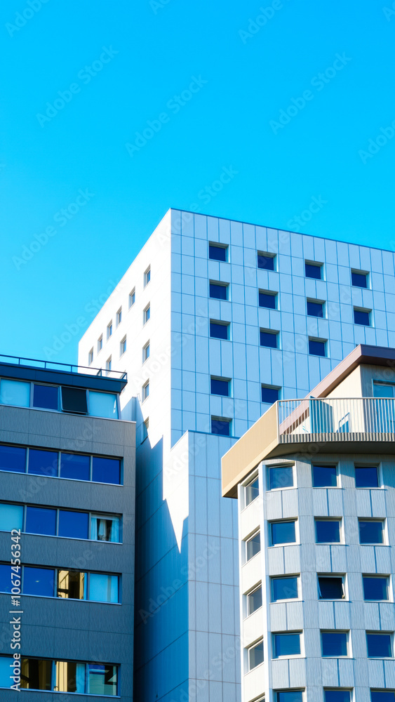 three modern buildings against a clear blue sky three modern buildings against a clear blue sky