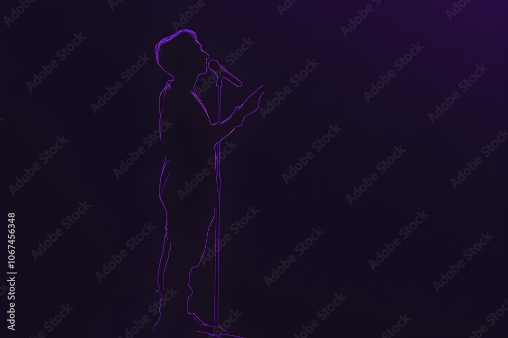 A striking image of a person in neon purple delivering a speech on stage, isolated on a black background --ar 3:2 --s 50 A striking image of a person in neon purple delivering a speech on stage, isolated on a black background --ar 3:2 --s 50