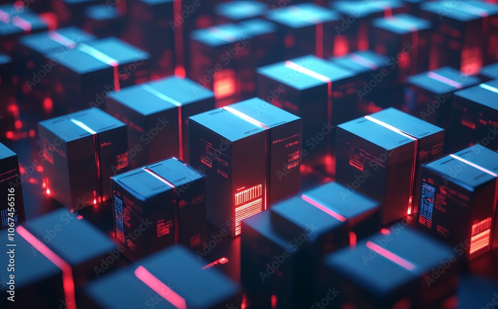 Futuristic Cardboard Boxes with Barcodes and Red Lines. AI generated illustration Futuristic Cardboard Boxes with Barcodes and Red Lines. AI generated illustration