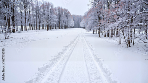 Snow-Covered Pathway Lined by Trees