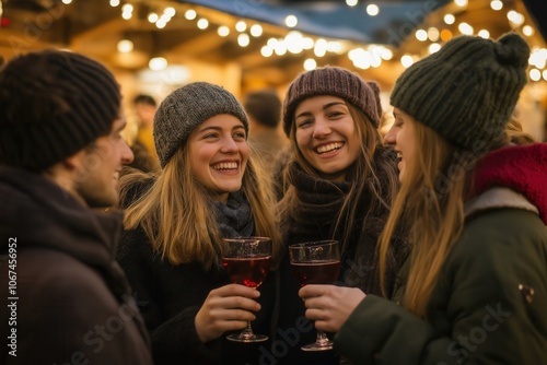 A group of young friends drinking mulled wine at a Christmas market