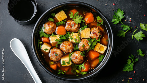 Delicious miso soup with tofu and meatballs garnished with parsley